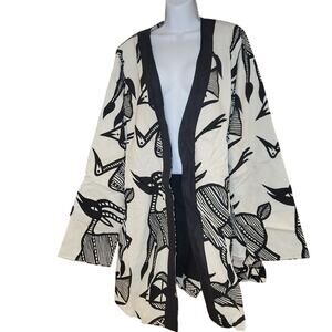 Nwt Golden Sea black & white kimono-like overcoat cotton with bird design ONE SZ